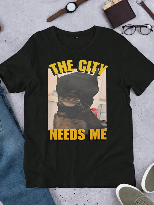SXV Graphic Cat Face & English Text This City Needs Me Relaxed Fit Round Neck T-Shirt