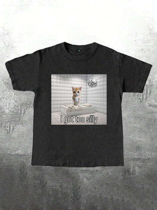 SXV i got too silly Funny Sad Crying Cat Graphic Short Sleeve T-Shirt