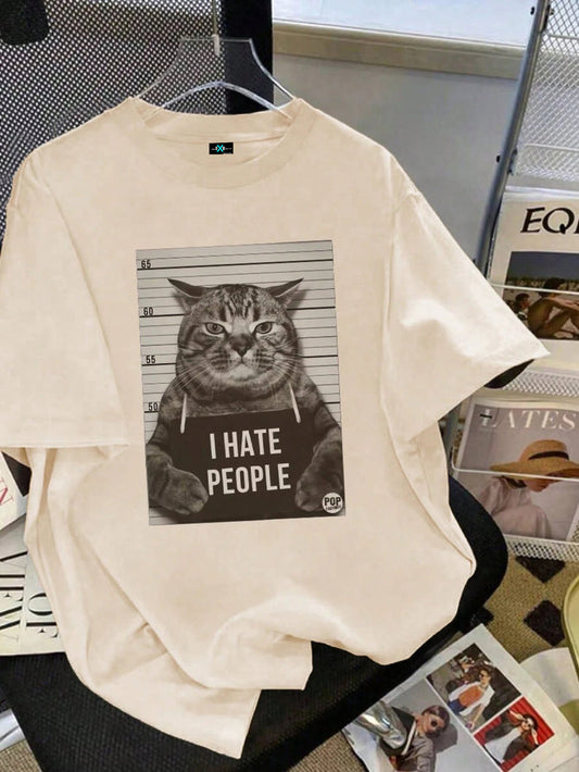 SXV i hate people Women's Funny Cat Letter Print Round Neck Short Sleeve Simple Casual Everyday T-Shirt