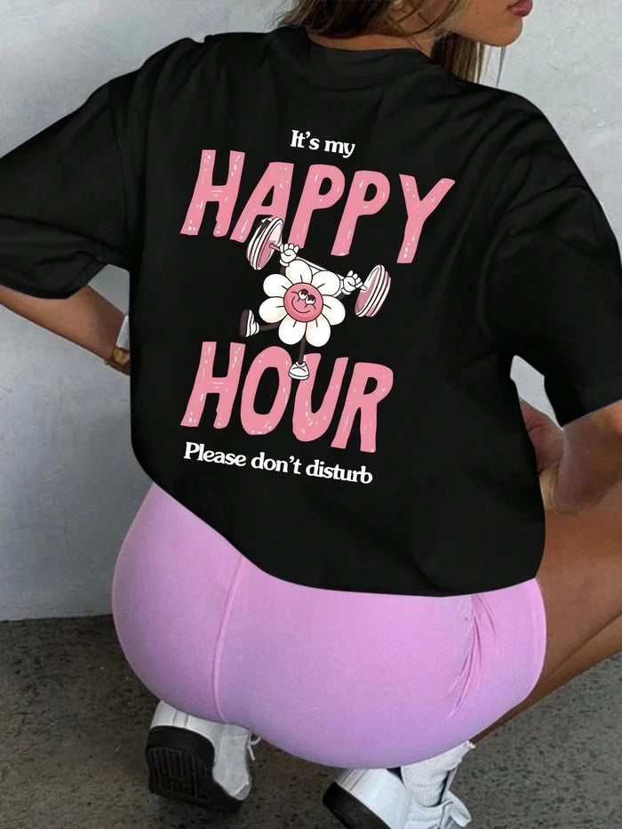 SXV It's My Happy Hour Please Don't Disturb, Loose Fit Casual Round Neck Short Sleeve T-Shirt