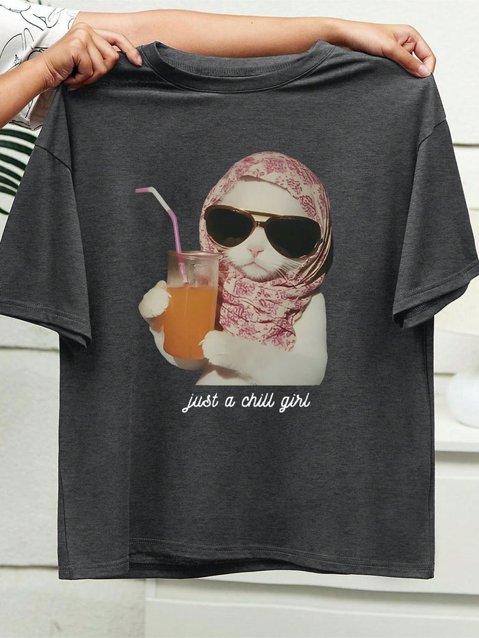 SXV Plus Size Women Casual Short Sleeve Round Neck T-Shirt With Funny Cat Print, Summer Graphic Tee