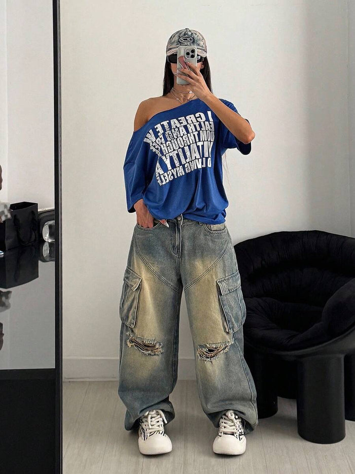 SXV Retro Letter Print Oversized Casual Short Sleeve T-Shirt
