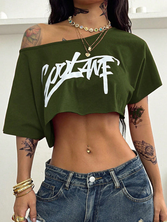 SXV Streetwear Going Out Sport Casual Graphic Off Shoulder Slouchy Cropped green Tee