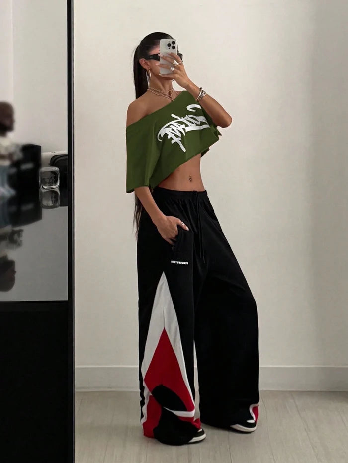 SXV Streetwear Going Out Sport Casual Graphic Off Shoulder Slouchy Cropped green Tee
