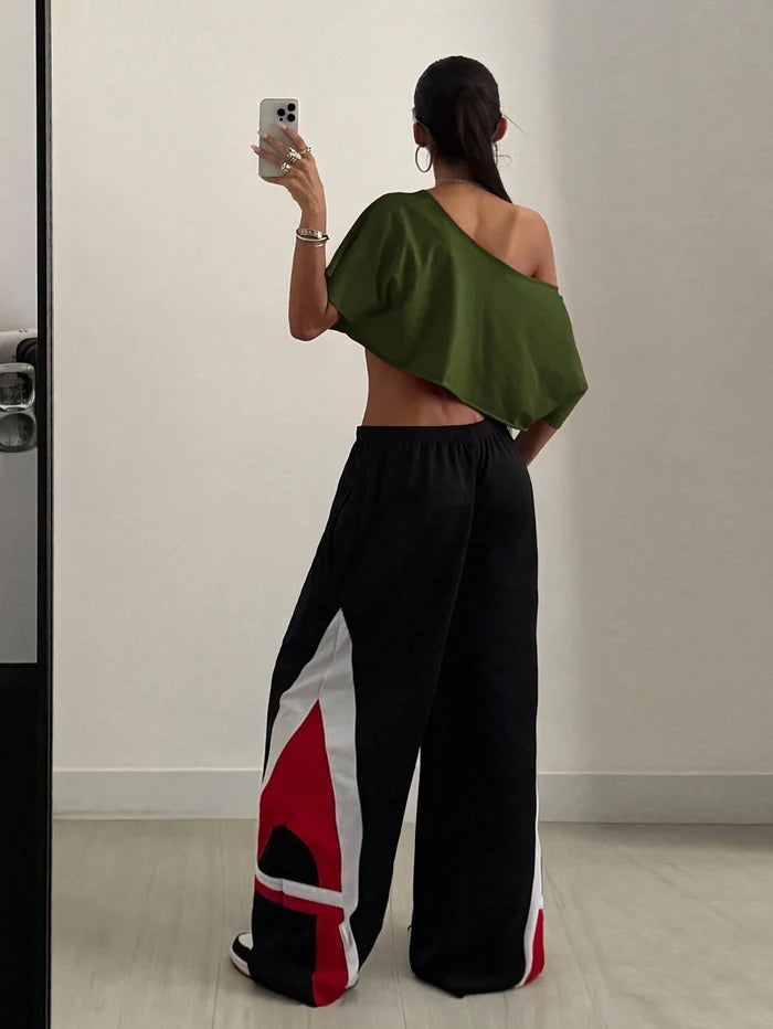 SXV Streetwear Going Out Sport Casual Graphic Off Shoulder Slouchy Cropped green Tee