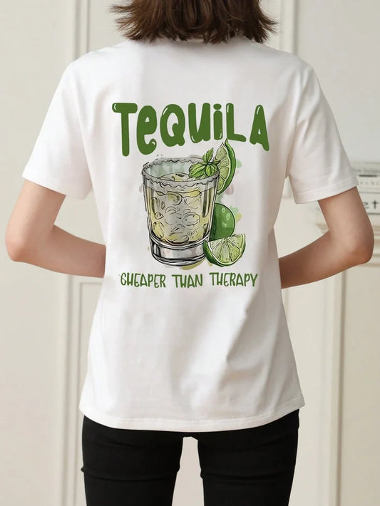 SXV Summer Fashion Loose Round Neck Breathable Tequila Print T-Shirt