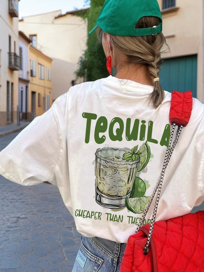 SXV Summer Fashion Loose Round Neck Breathable Tequila Print T-Shirt