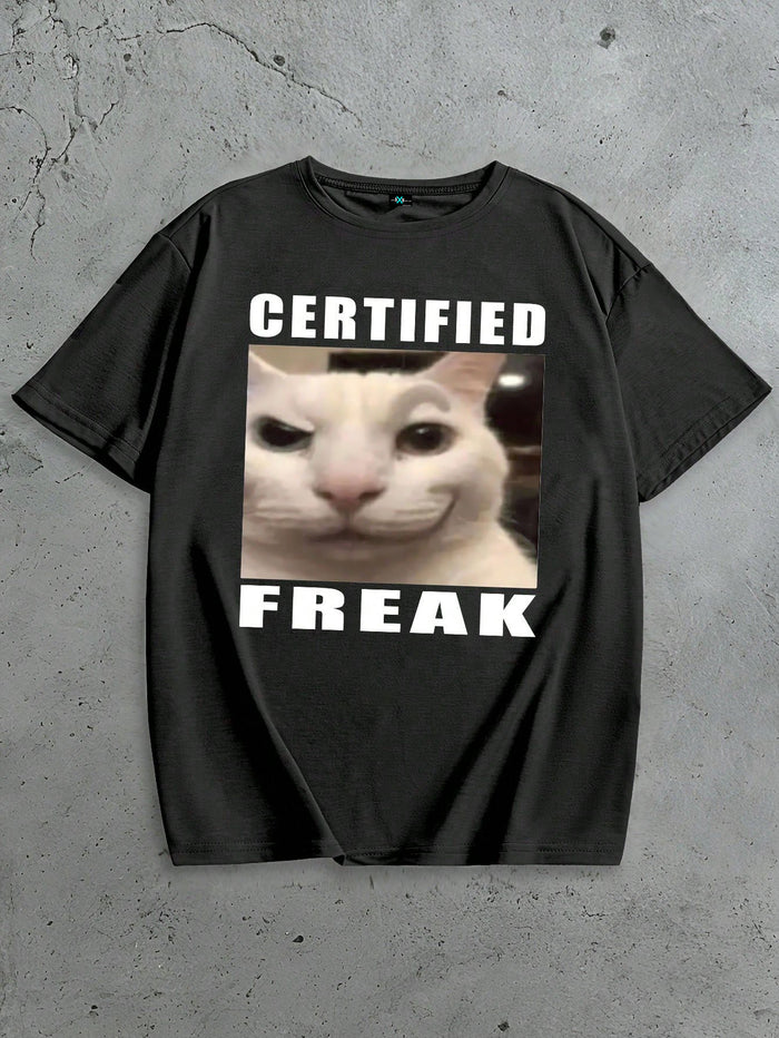 SXV Summer Women's Fitted T-Shirt With Smiling Cat & English Slogan Print, Casual Tee Graphic