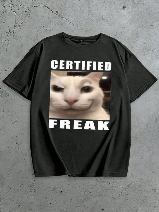 SXV Summer Women's Fitted T-Shirt With Smiling Cat & English Slogan Print, Casual Tee Graphic