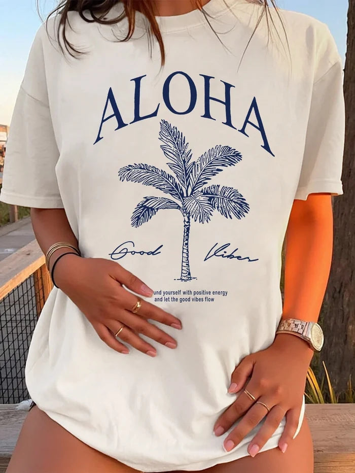 SXV White Palm Tree Print Loose Casual Holiday Round Neck T-Shirt