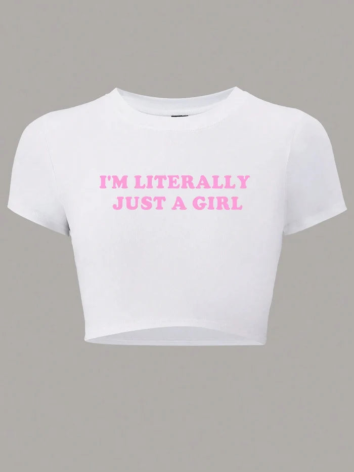SXV Women I'm Literally Just A Girl Crop Top With Slogan Print And Slim Fit I'M LITERALLY JUST A GIRL