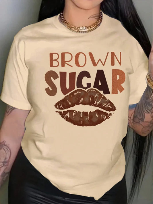 SXV Women Lips Print Short Sleeve T-Shirt, BROWN SUGAR Graphic Tee, Summer Top