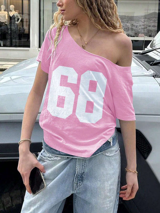SXV Women Number 68 Graphic Oversized One-Shoulder Loose Batwing Short Sleeve T-Shirt, Summer Outfits