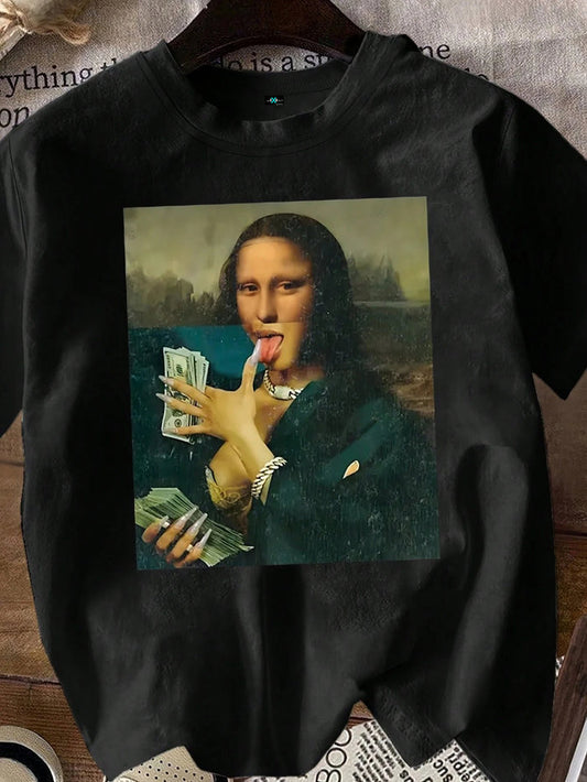 SXV Women Solid Color T-Shirt With Funny Mona Lisa Print, Minimalist Fashion For Casual Daily Wear