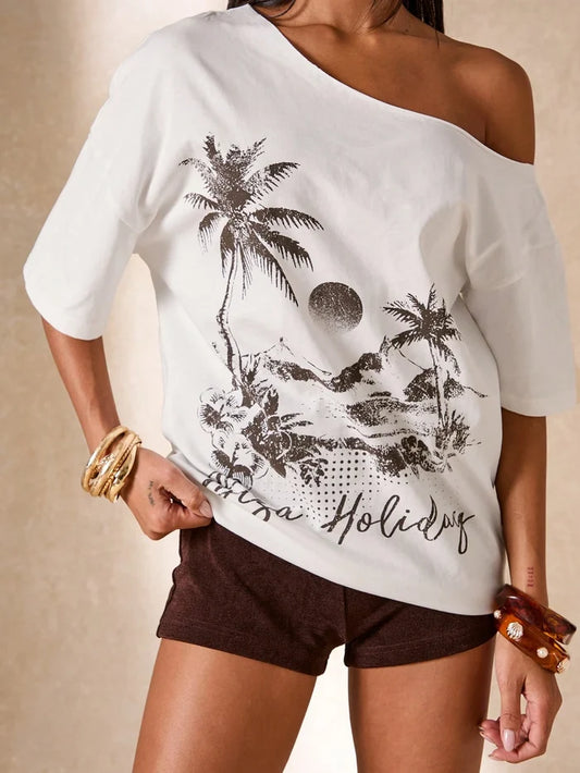 SXV Women's Asymmetric Neckline Letter & Floral Print Short Sleeve T-Shirt