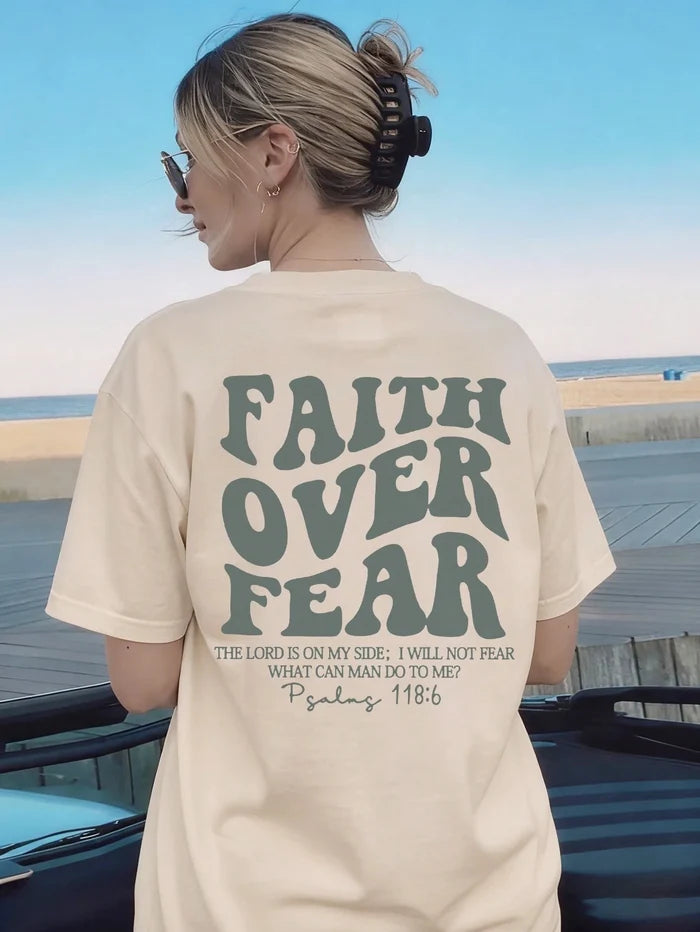 SXV Women's Belief Overcomes Fear Letter Print Casual Round Neck Short Sleeve T-Shirt