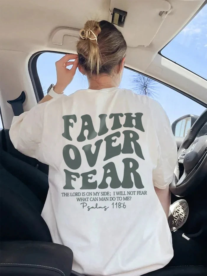 SXV Women's Belief Overcomes Fear Letter Print Casual Round Neck Short Sleeve T-Shirt