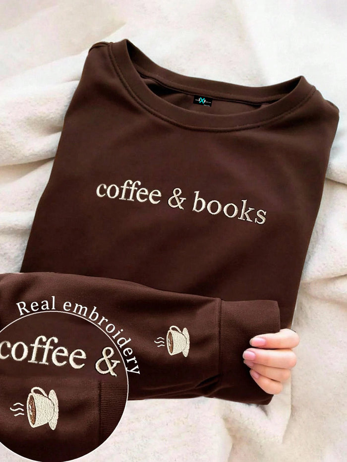 SXV Women's Casual Coffee Letter Embroidery Sweatshirt