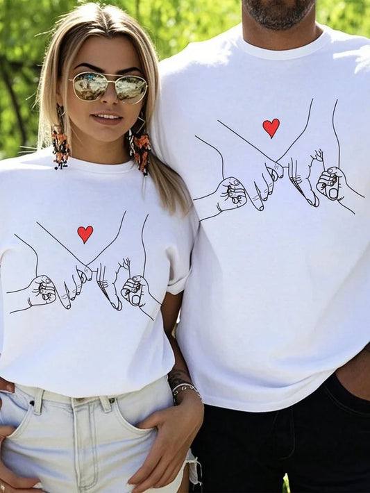 SXV Women's Casual Creative Hand-Drawn Sketch Parent-Child Holding Hands Heart Print Basic Short Sleeve T-Shirt