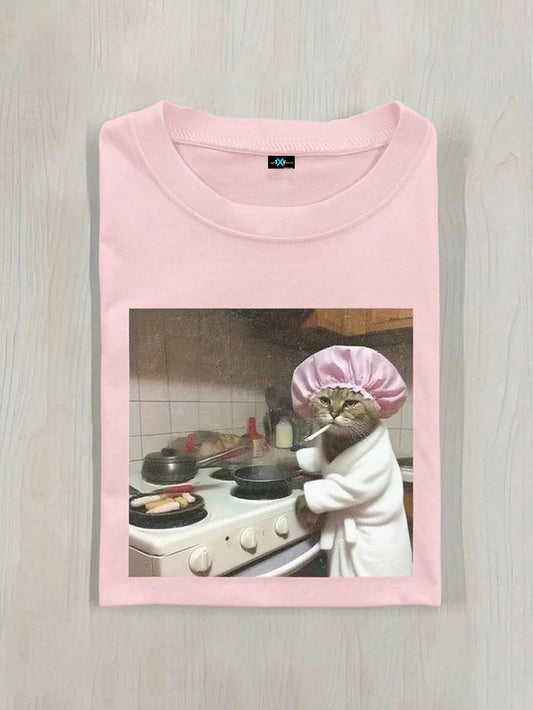 SXV Women's Fitted T-Shirt With Funny Cat Chef Graphic, Casual Summer Top