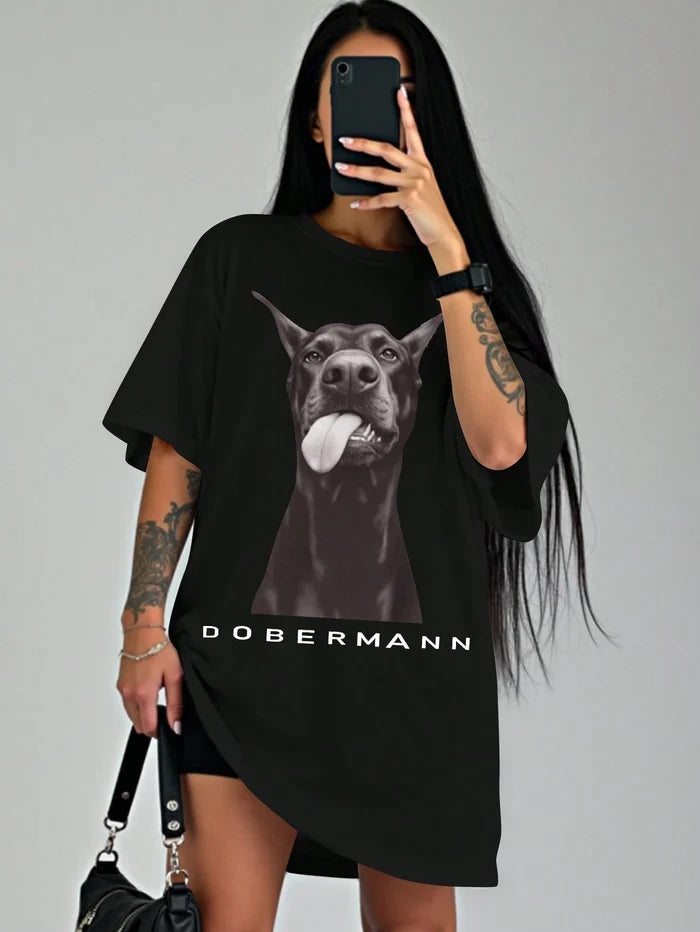 SXV Women's Hip-Hop Style Letter & Dog Print Dropped Shoulder Sleeve T-Shirt