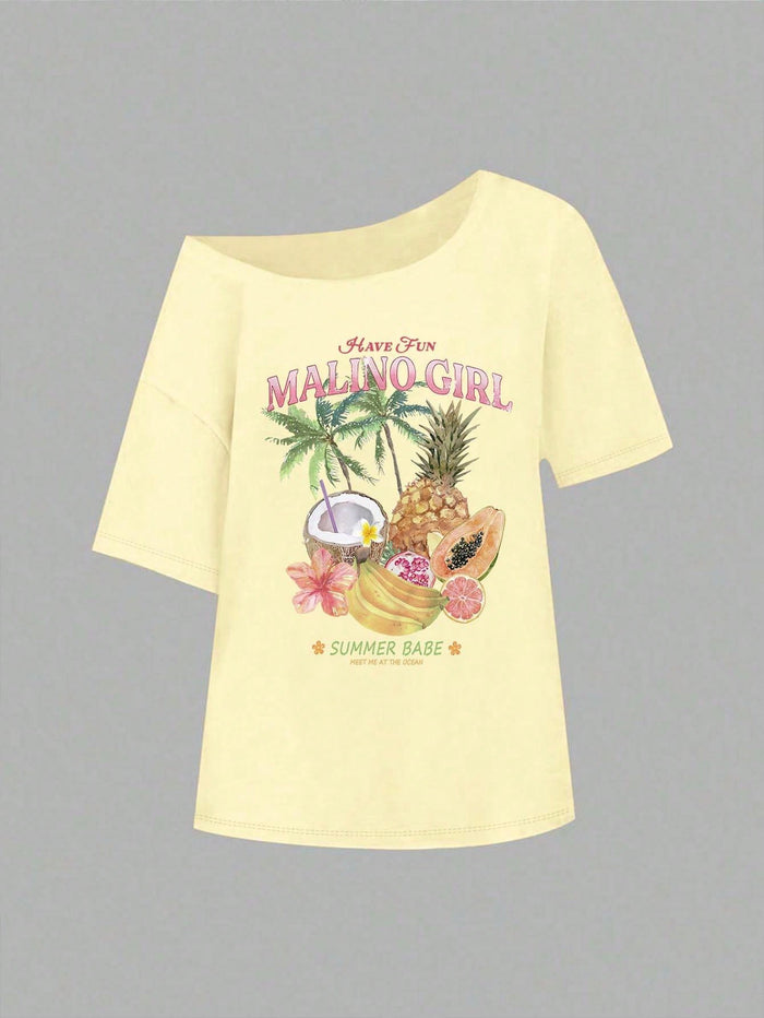 SXV Women's Loose Asymmetric-Shoulder T-Shirt With Fruit & Coconut Pattern