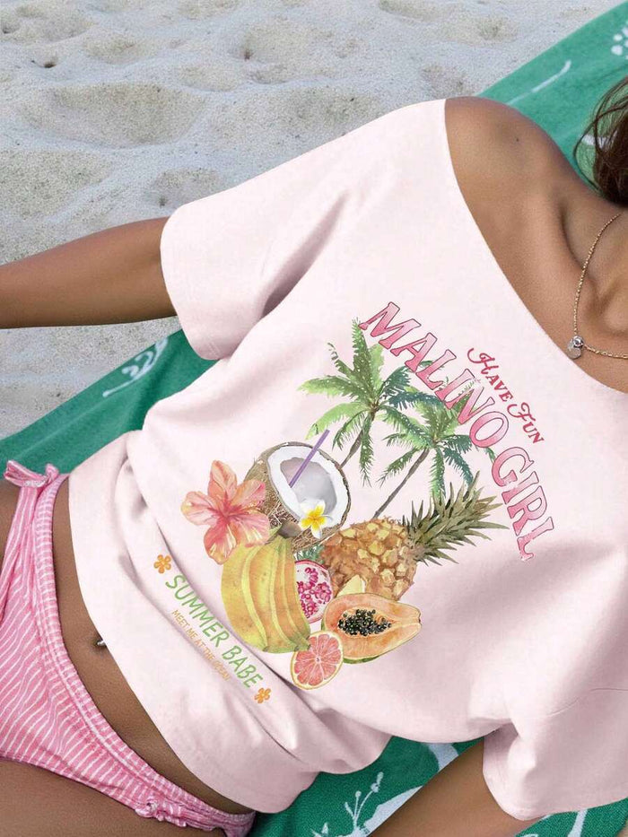 SXV Women's Loose Asymmetric-Shoulder T-Shirt With Fruit & Coconut Pattern