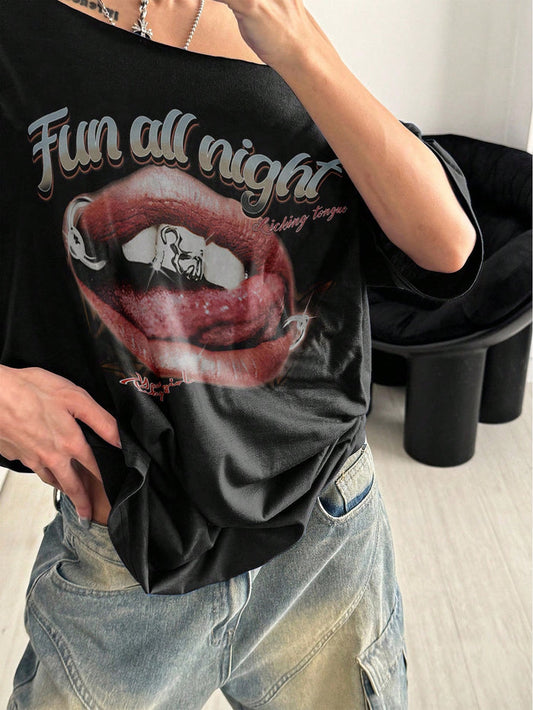 SXV Women's Loose Punk Subculture Lip Print Black Short Sleeve Oversized T-Shirt