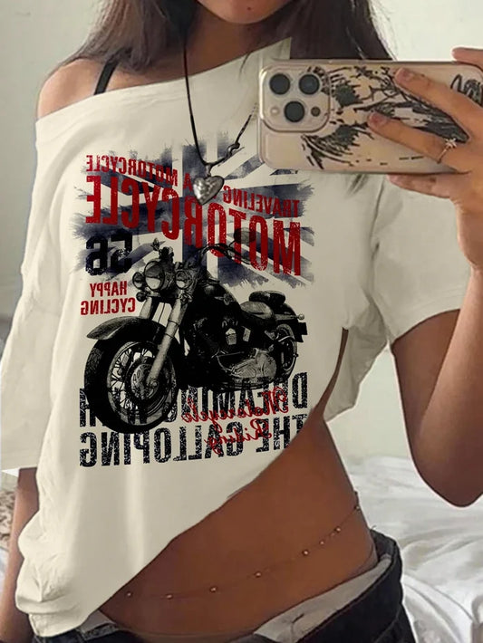 SXV Women's Off-Shoulder motorcycle Printed Casual T-Shirt Graphic Tees Women Tops