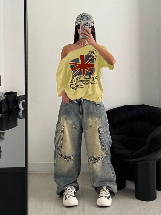 SXV Women's Oversized Off Shoulder England Flag London Print Yellow Loose T-Shirt, Summer
