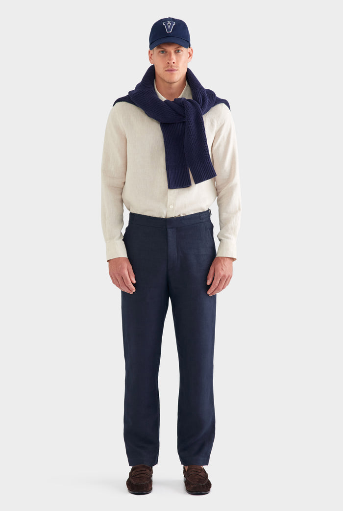 Tailored Linen Side Tab Trouser - Navy