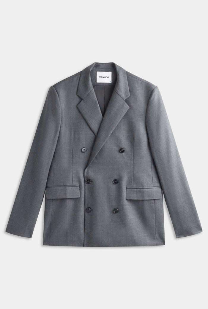 Tailored Wool Double Breasted Suit Jacket - Dark Grey Marl