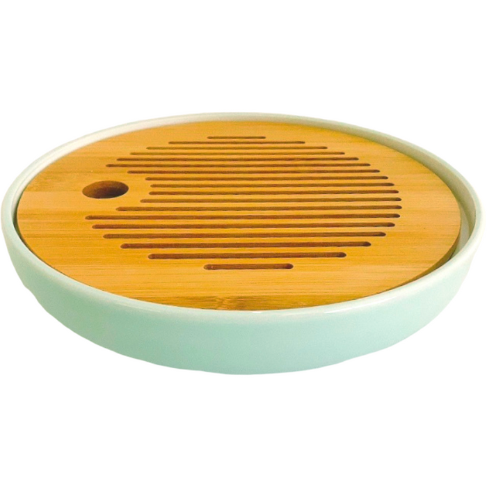 Tea Draining Tray, Celadon Ceramic + Bamboo