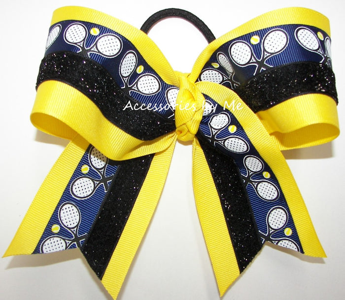 Tennis Navy Yellow Black Glitter Cheer Bow