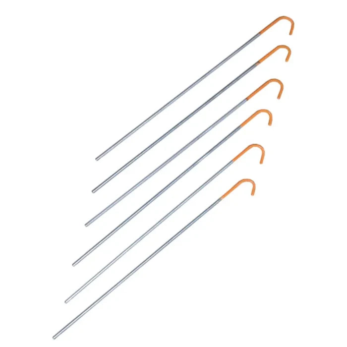 Terra Nova titanium skewer tent pegs with red dipped heads shown in their pack of 6