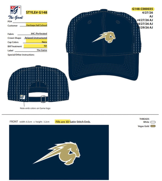 The Game hat, navy, gold horse perforated