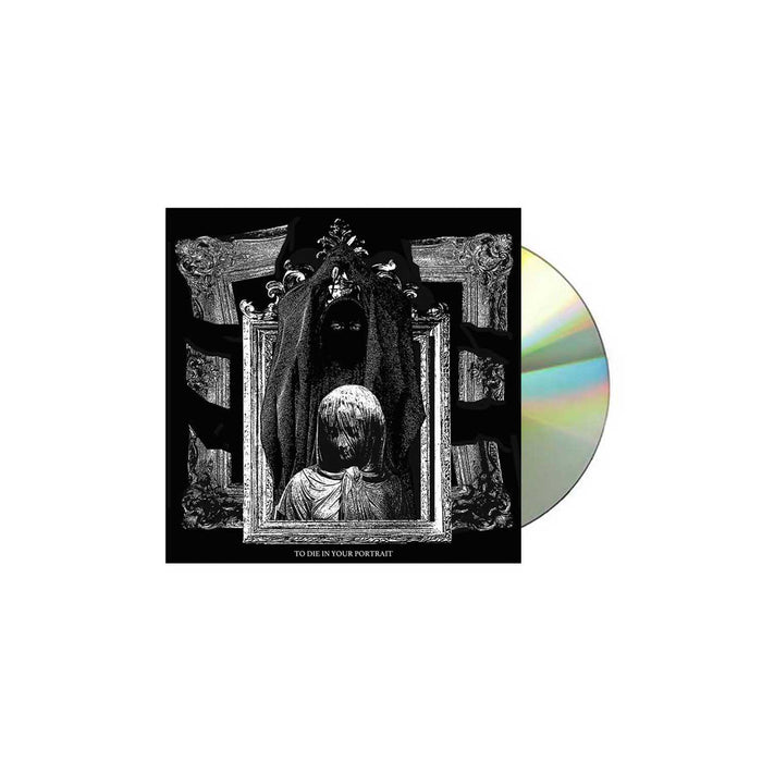 A CD by Thirty Nights of Violence with cover art showing a veiled figure behind a head sculpture, framed by ornate designs. The haunting title below reads TO DIE IN YOUR PORTRAIT: Apathy In Greyscale.
