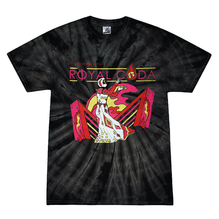 Black tie-dye t-shirt with 'Royal Coda' graphic design on a white background