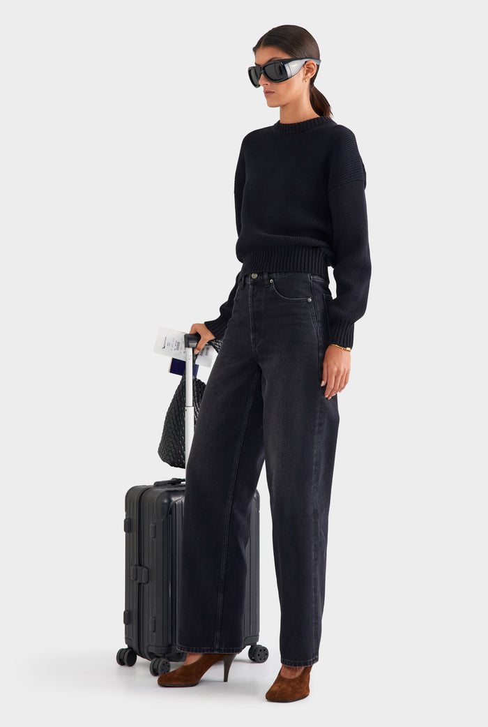 V Front Denim Jean - Washed Black