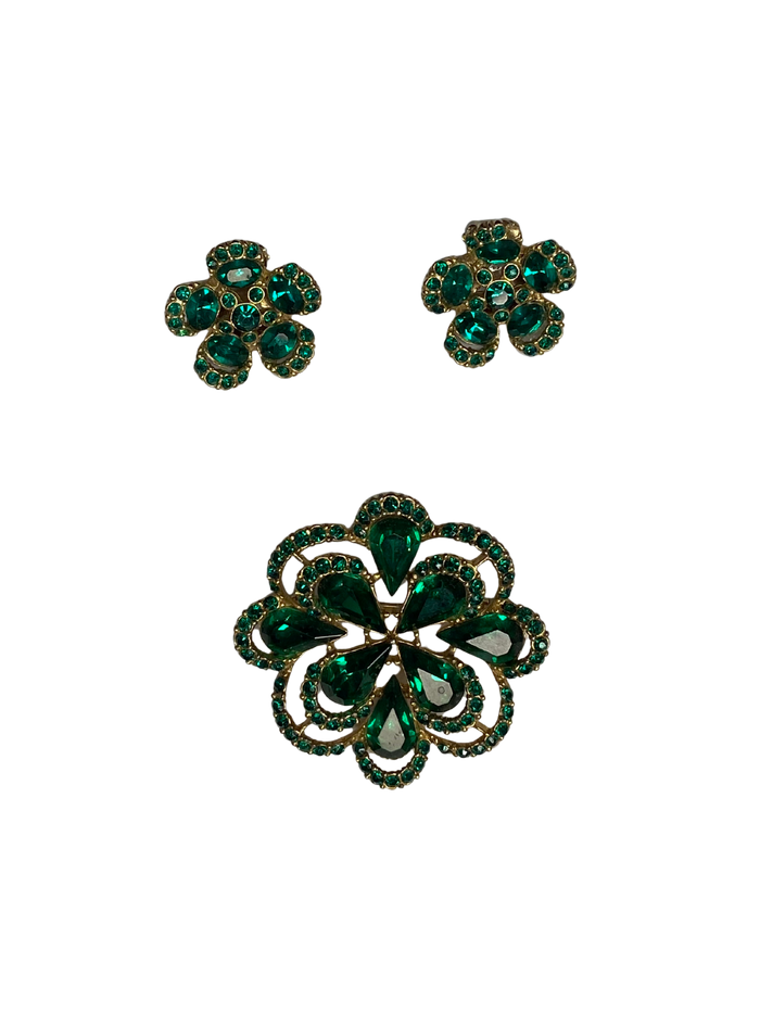 Vintage Emerald Earrings and Brooch Set