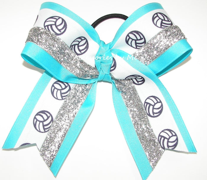 Volleyball Modern Turquoise Silver Glitter Cheer Bow
