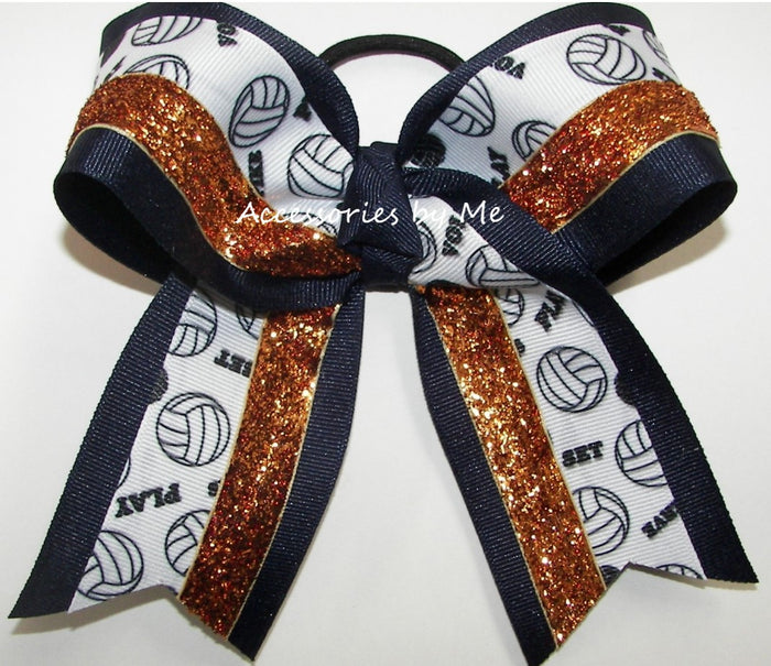 Volleyball Navy Blue Orange Glitter Hair Bow