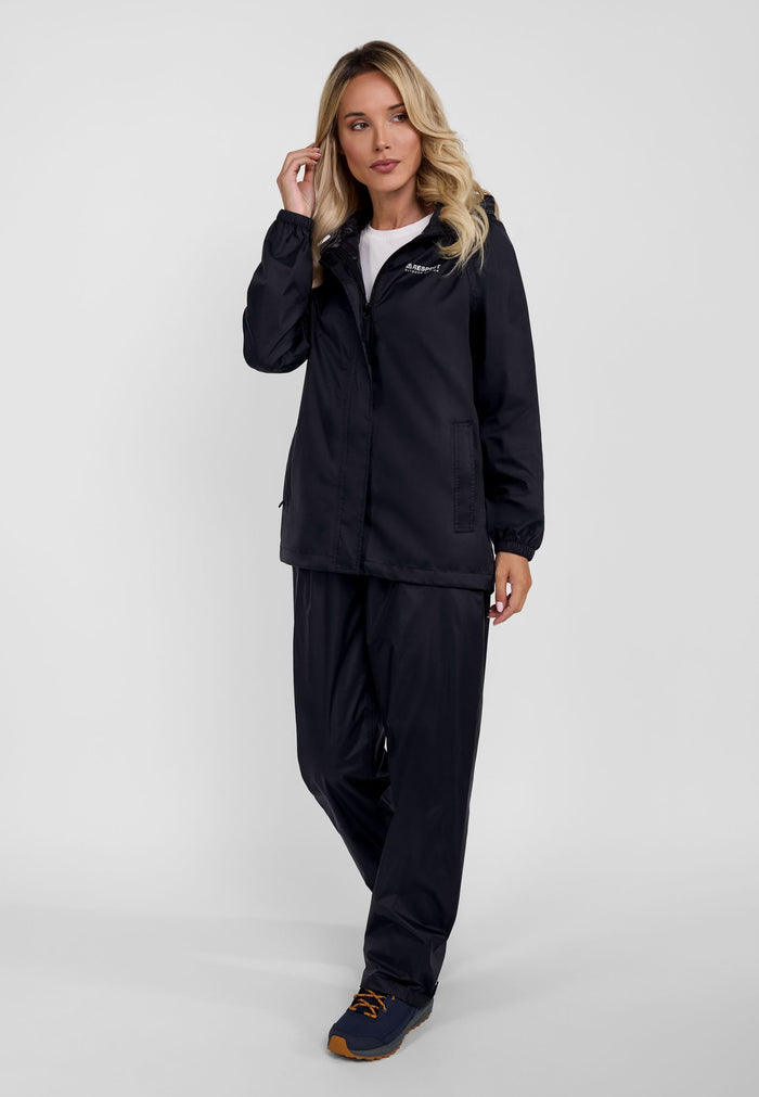 Women’s black packaway waterproof overpants, front view with elasticated waistband.