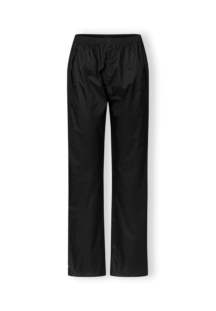 Women’s waterproof overpants in black, front view with elasticated waistband and side pockets.