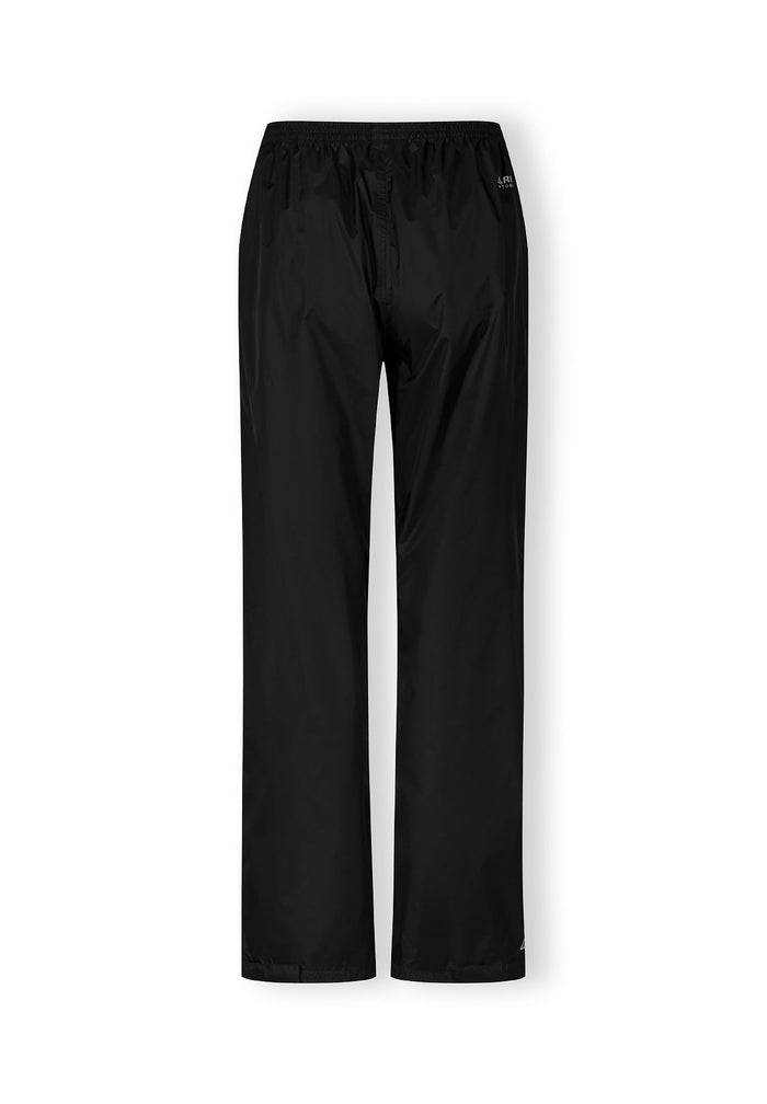 Women's black packaway waterproof overpants, back view with elasticated waistband.