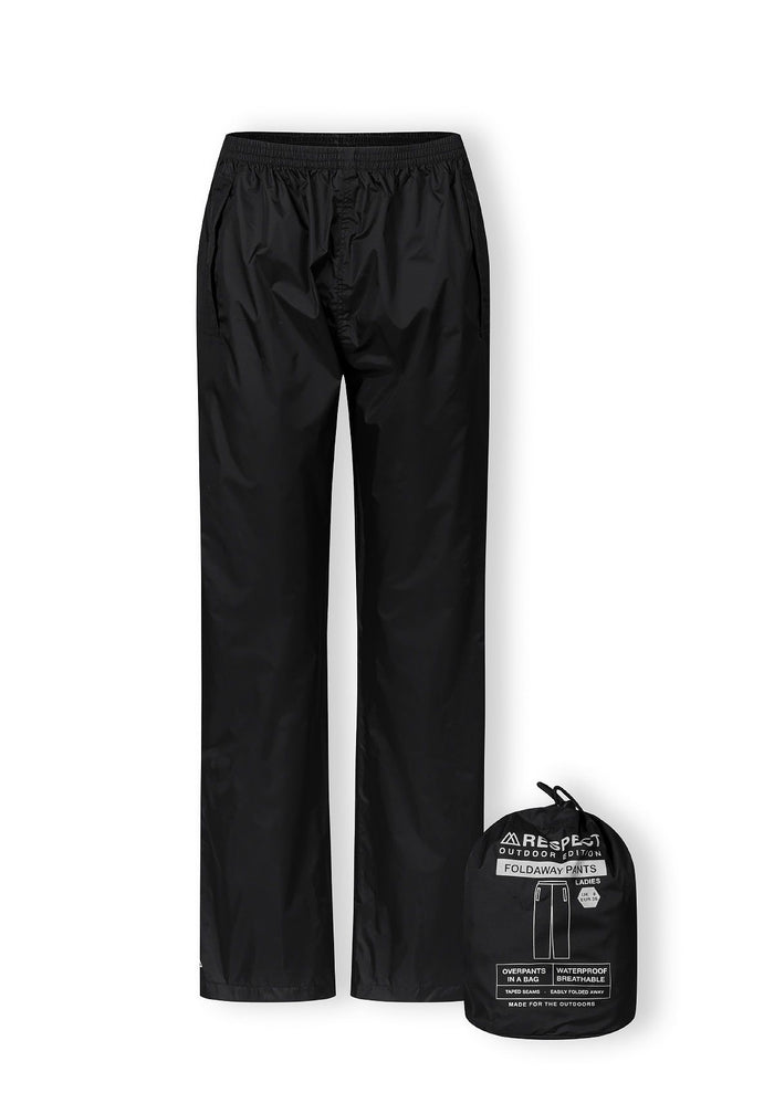 Women’s black waterproof overpants, front view, elasticated waistband and side pockets.