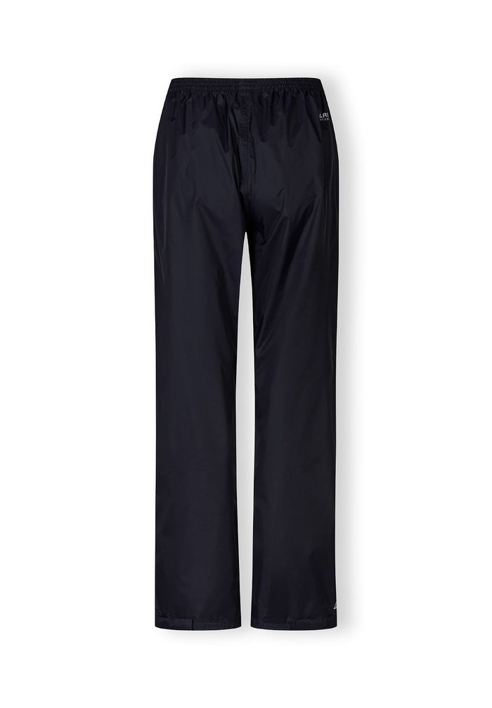 Women's navy waterproof overpants, back view, featuring elastic waistband and adjustable velcro hems.