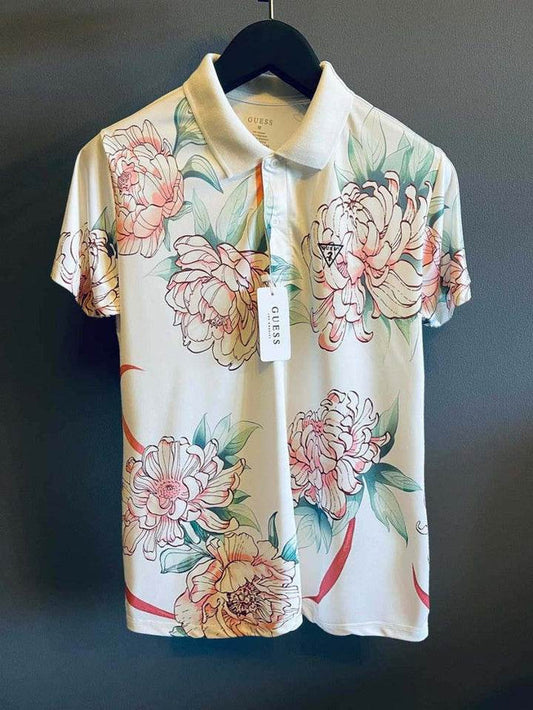 Model Wearing White Floral Polo Shirt Dubai