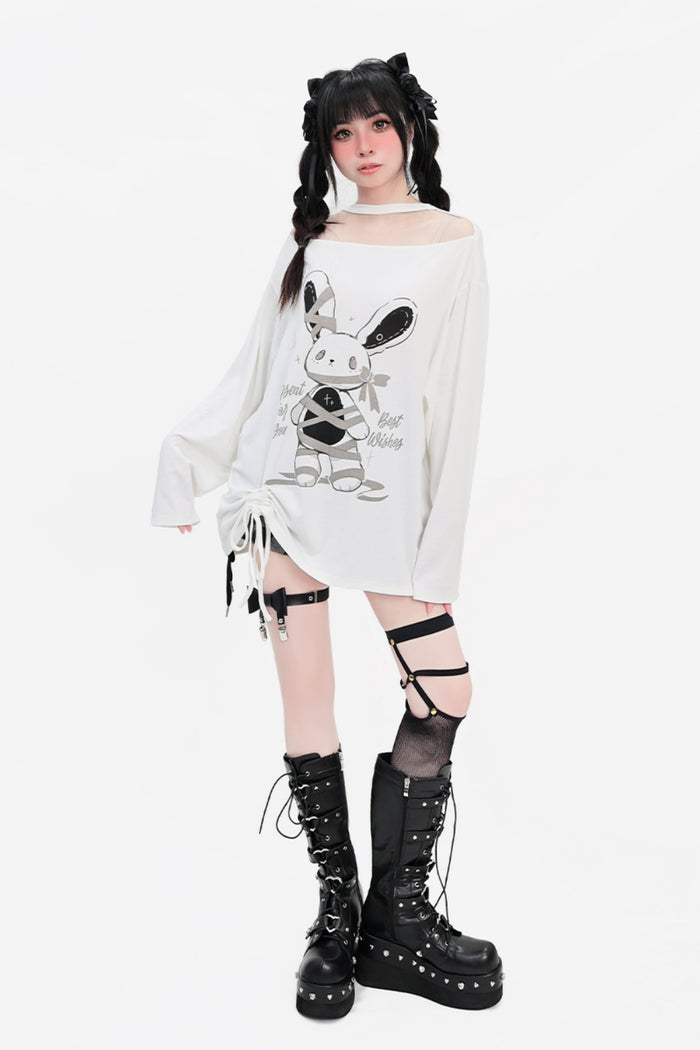 White Off-Shoulder Drawstring Loose-Fit Long Sleeve Thin Top