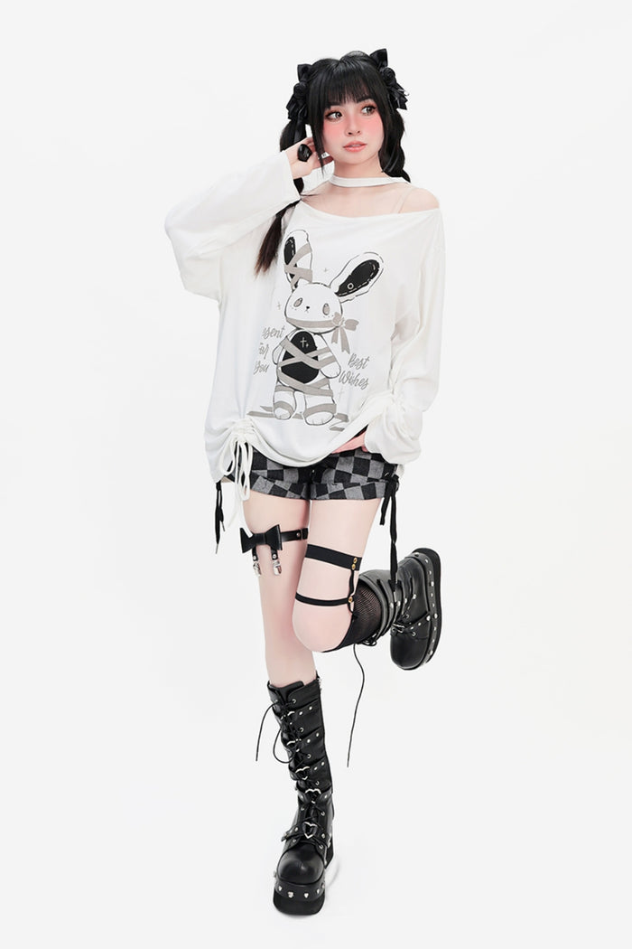 White Off-Shoulder Drawstring Loose-Fit Long Sleeve Thin Top